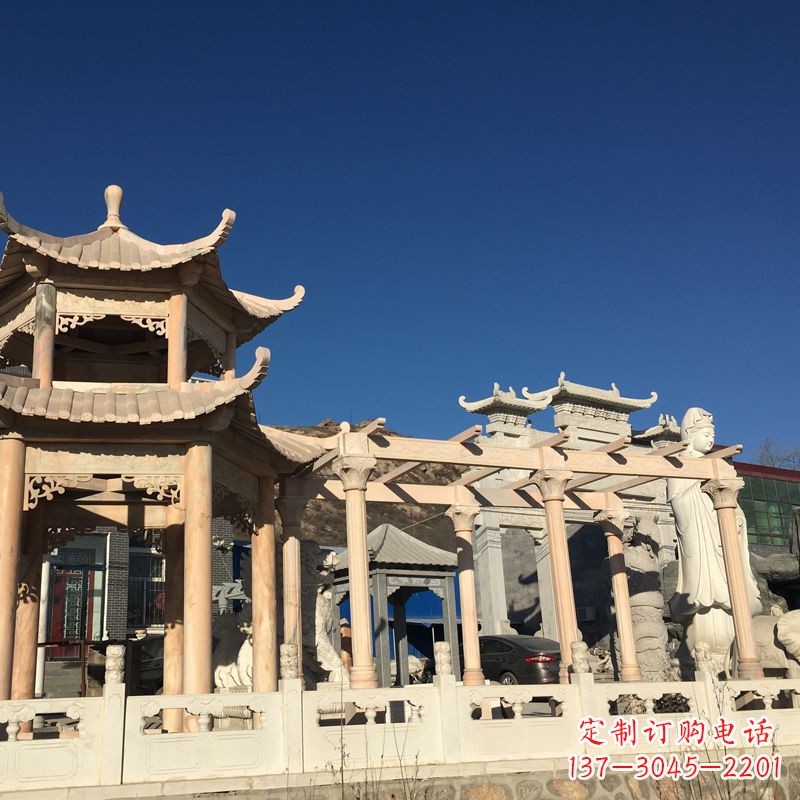 宁波晚霞红石雕凉亭花架