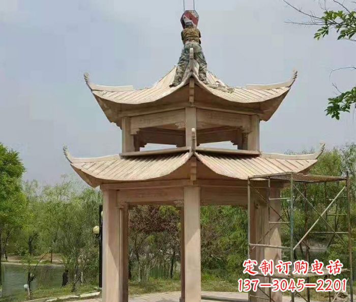 宁波晚霞红双层凉亭石雕 (2)