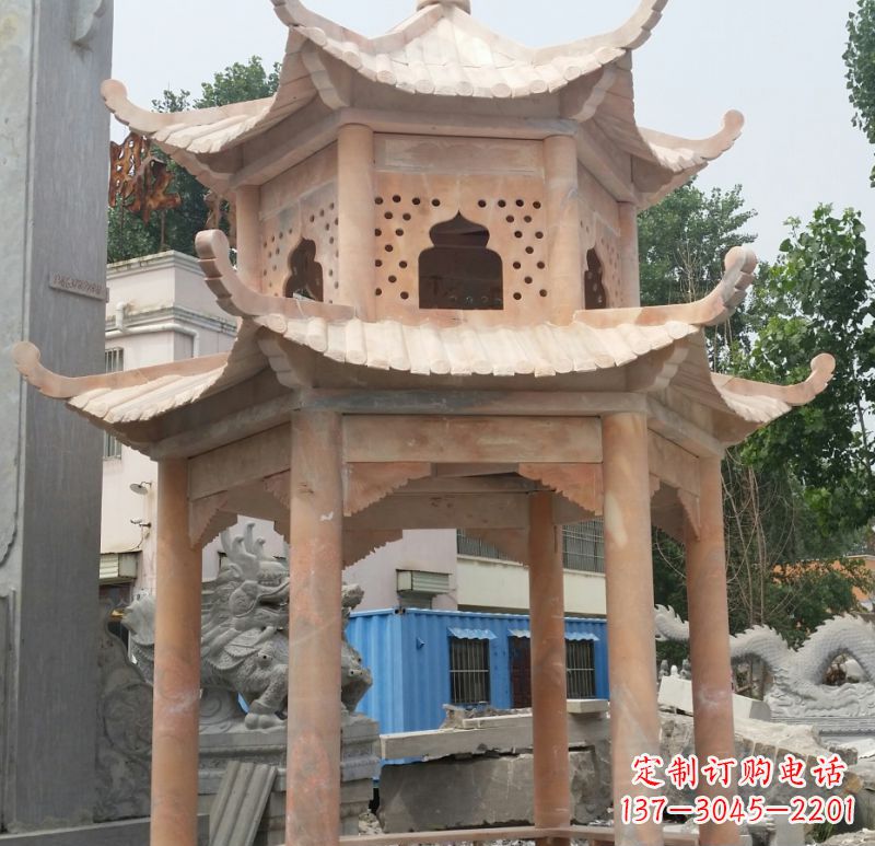宁波晚霞红双层六角凉亭石雕 (2)