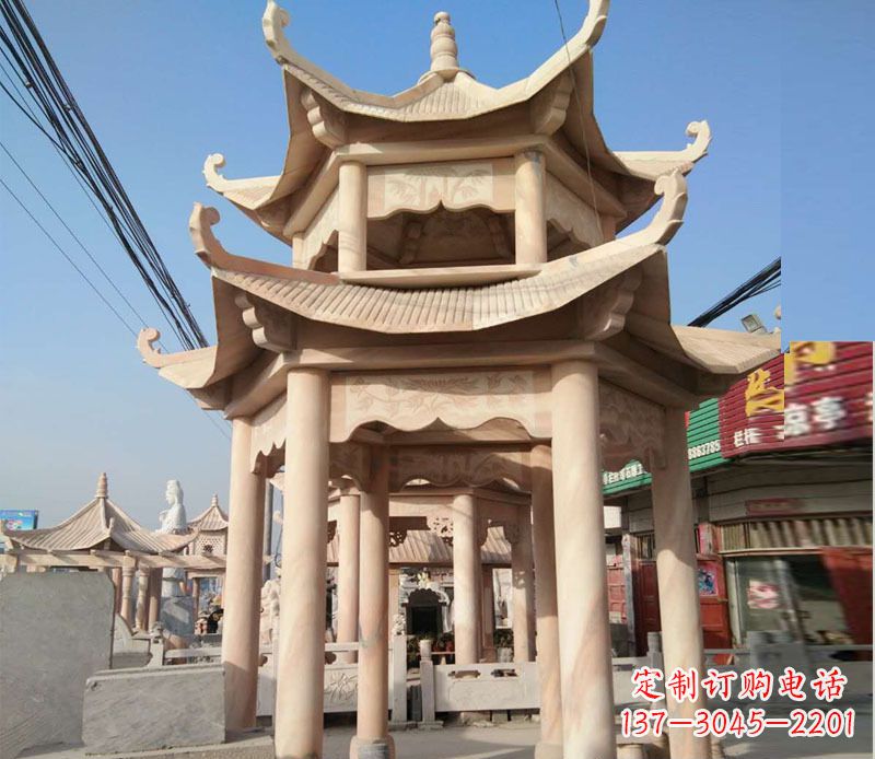 宁波晚霞红双层六角凉亭石雕 (3)
