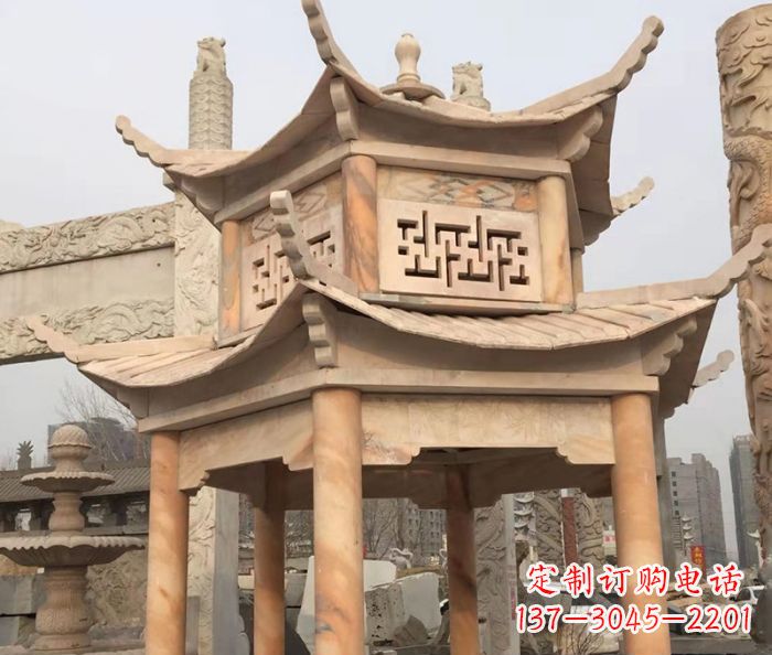 宁波晚霞红双层石雕凉亭