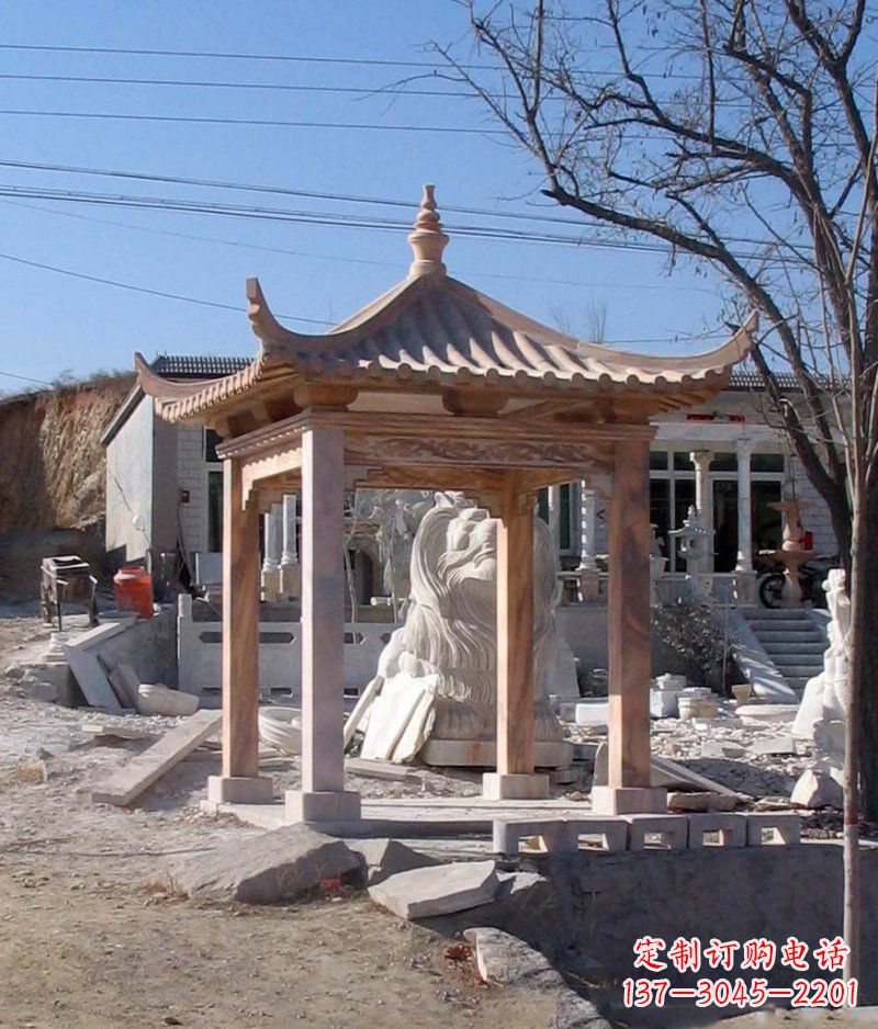宁波晚霞红四角凉亭景观石雕