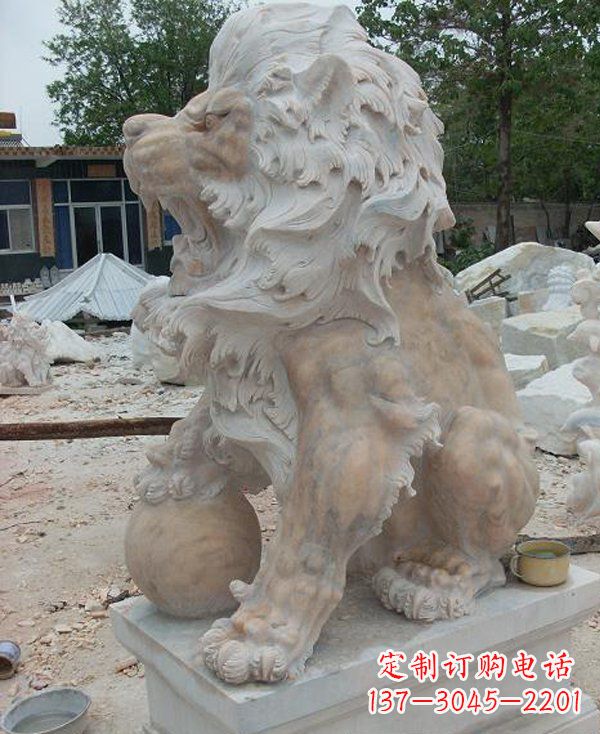 宁波晚霞红寺庙门口西洋狮子石雕