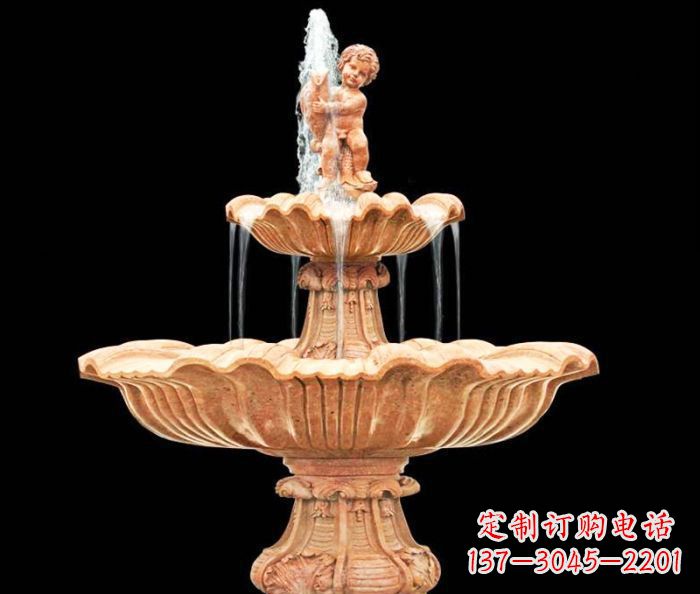 宁波晚霞红小孩抱鱼石雕喷泉