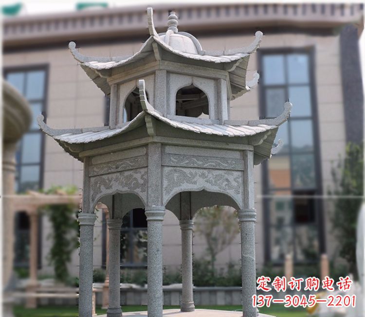 宁波小区大理石六角石雕双层凉亭