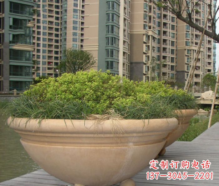 宁波小区景观晚霞红花盆石雕