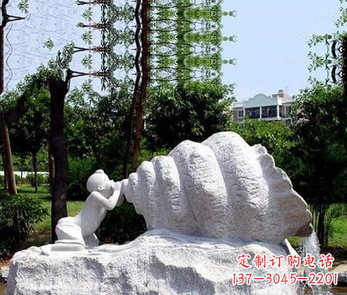 宁波小区景观小孩吹螺号石雕