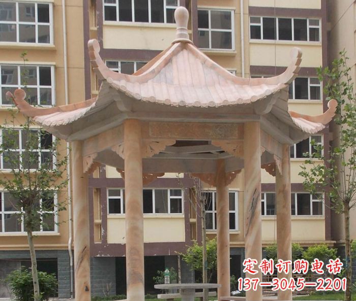 宁波小区晚霞红六角凉亭石雕