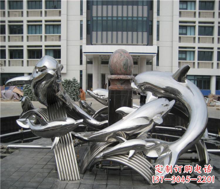 宁波校园不锈钢海豚海浪雕塑