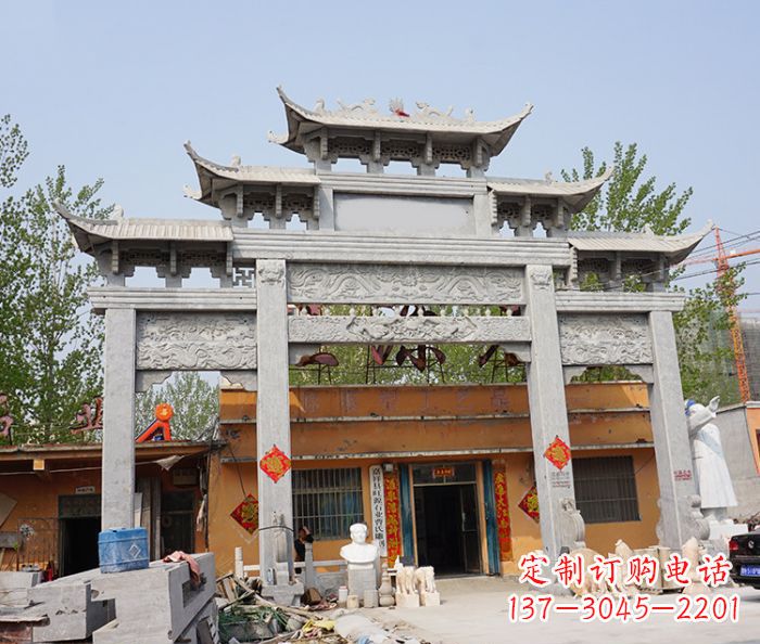 宁波园林仿古三门牌坊石雕 (5)