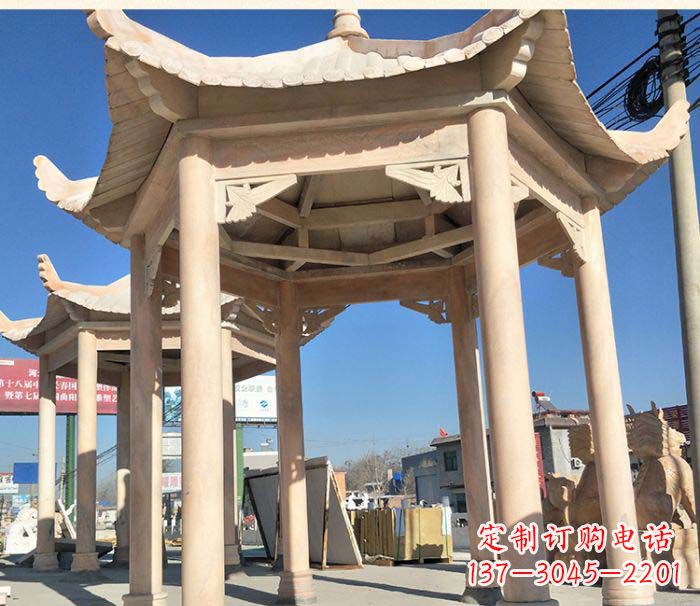 宁波园林景观晚霞红六角石雕凉亭 (2)