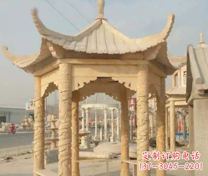 宁波园林景观晚霞红六角石雕凉亭 (3)