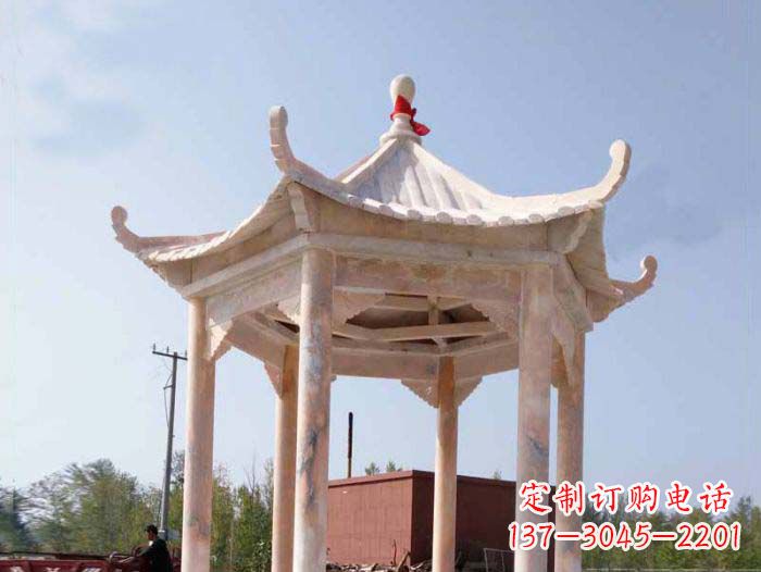 宁波园林景观晚霞红六角石雕凉亭