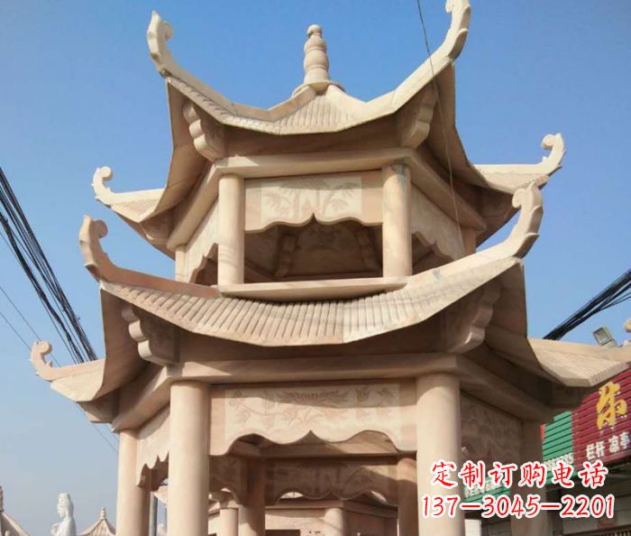 宁波园林景观晚霞红双层石雕凉亭 (2)