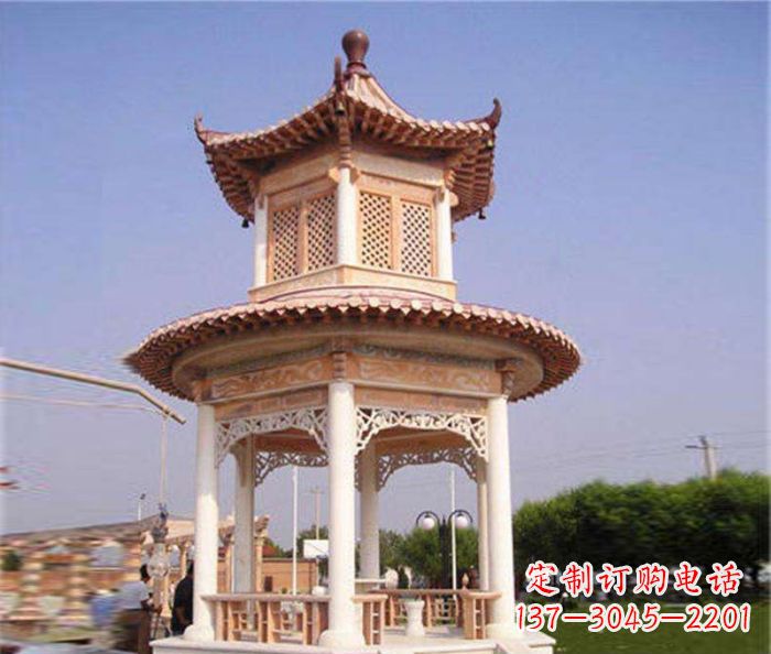 宁波园林景观晚霞红双层石雕凉亭 (4)