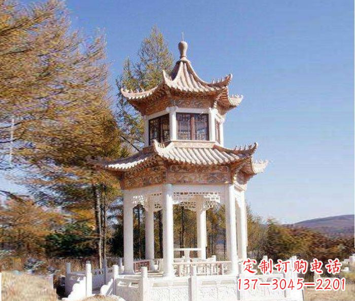 宁波园林景观晚霞红双层石雕凉亭 (3)