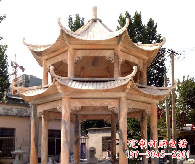 宁波园林景观晚霞红双层石雕凉亭