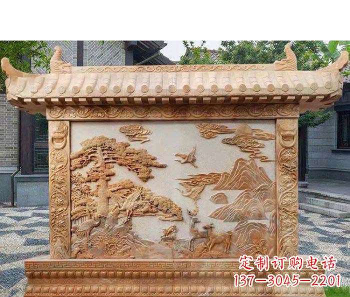 宁波园林景观晚霞红松鹤石浮雕影壁