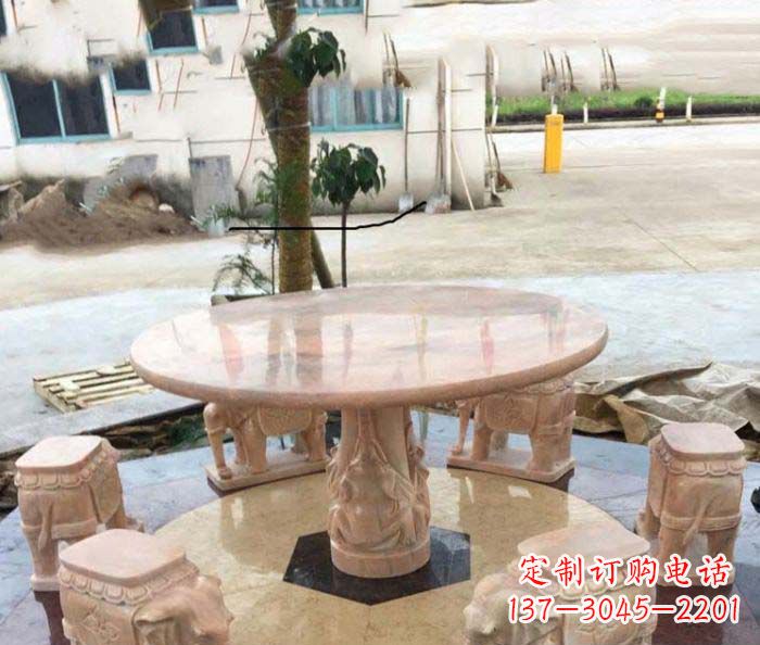 宁波园林景观晚霞红小象桌凳石雕