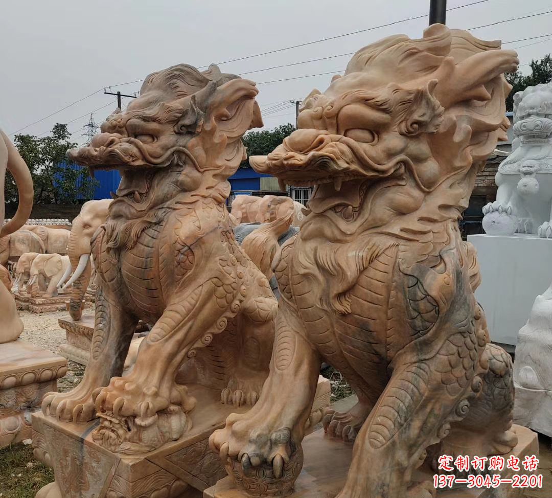 宁波园林晚霞红古代招财神兽麒麟石雕