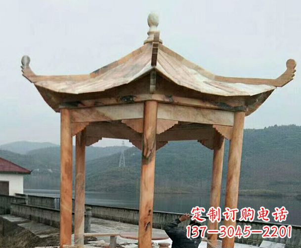 宁波园林晚霞红单层石凉亭景观石雕
