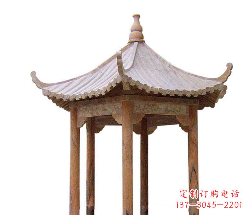 宁波园林晚霞红六角石凉亭景观石雕 (2)