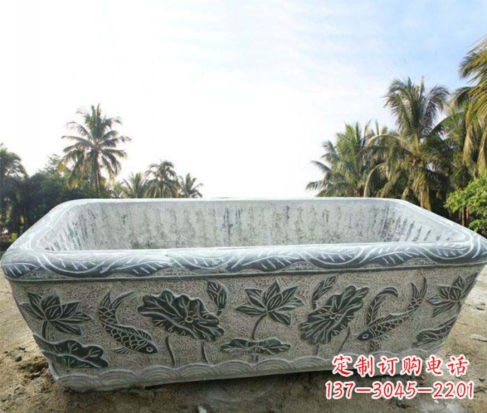 宁波长方形连年有余荷花浮雕石水缸
