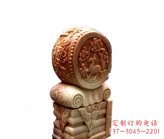 宁波招财石门墩晚霞红抱鼓石