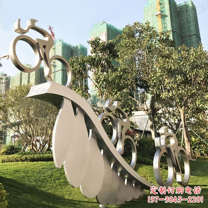 宁波自行车雕塑-抽象不锈钢骑自行车人物景观雕塑